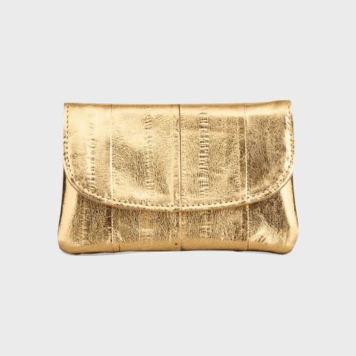 Guldfarvet åleskindspung fra Beck Söndergaard, kompakt og elegant design i 100% eelskin, måler 11,5 x 7,5 cm.