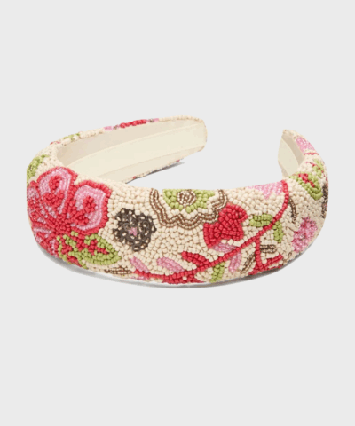 Bred hårbøjle med hvide perler i blomsterdesign – Bromflora Wide Beaded Hairbrace fra Becksöndergaard.