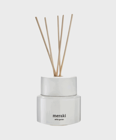 Meraki White Garden duftpind diffuser – 100 ml i hvid flakon med træpinde og minimalistisk design