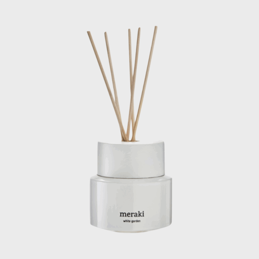 Meraki White Garden duftpind diffuser – 100 ml i hvid flakon med træpinde og minimalistisk design