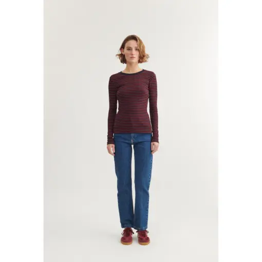 Basic Apparel – Ludmilla LS Tee, Bordeaux/Sky captain - Billede 2