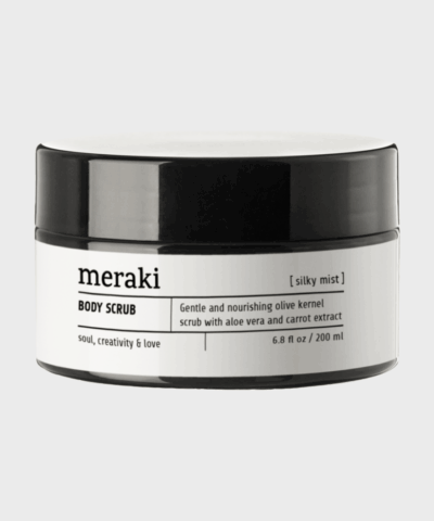 Meraki Body Scrub Silky Mist 200 ml – grå krukke med sort låg og minimalistisk design