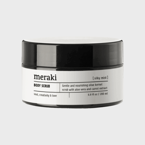 Meraki Body Scrub Silky Mist 200 ml – grå krukke med sort låg og minimalistisk design