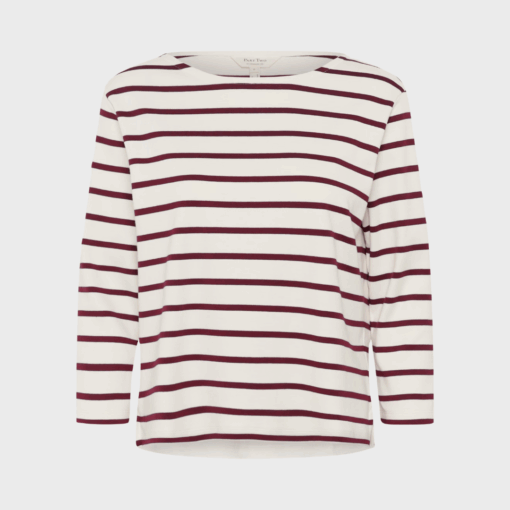 Part Two NelaPW T-shirt i tawny port stripe – bådhals og 3/4-ærmer
