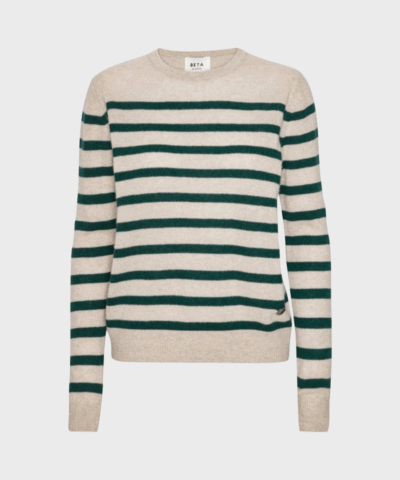 Bibi Striped O-Neck cashmere sweater i Sand Melange og Botanic Green fra Beta Studios