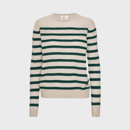 Bibi Striped O-Neck cashmere sweater i Sand Melange og Botanic Green fra Beta Studios
