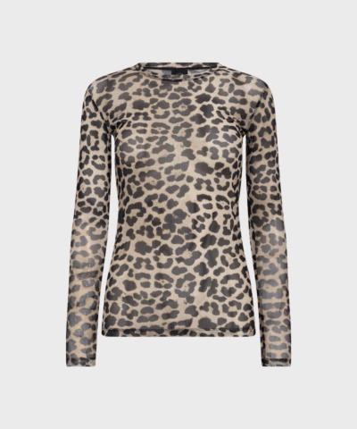 "Leopardprint mesh-bluse fra Hype The Detail – tætsiddende langærmet bluse med rund hals i let, gennemsigtigt materiale