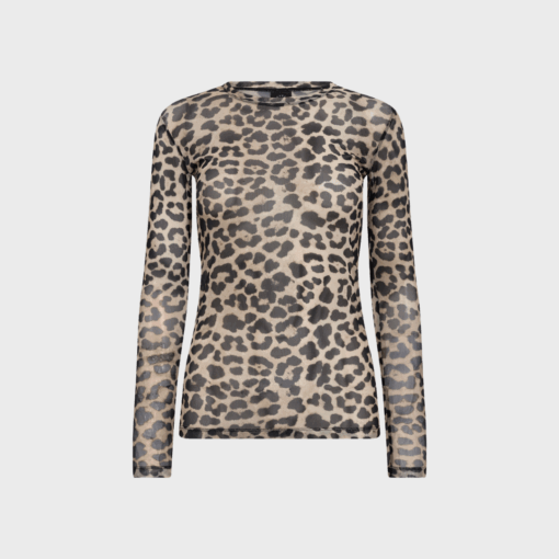 "Leopardprint mesh-bluse fra Hype The Detail – tætsiddende langærmet bluse med rund hals i let, gennemsigtigt materiale