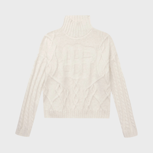 Loganberry Knit fra MUNTHE – ivory kabelstrik med høj hals og emblem