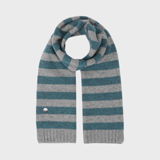 Lareen stribet tørklæde i uld og cashmere fra Beta Studios i farven Grey Melange/Pacific Green – med ribkant