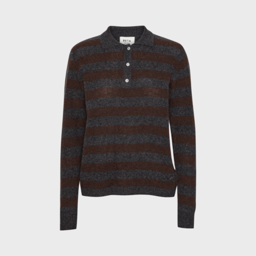 Lizzie Polo Stripes – polotrøje i 100% cashmere med striber og perlemorsknapper fra Beta Studios