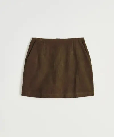 Aiayu Mini Skirt Corduroy i Bark – A‑form nederdel i GOTS-certificeret økologisk corduroy med bag-lynlås