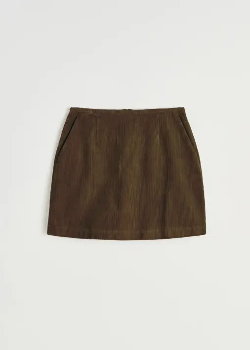 Aiayu Mini Skirt Corduroy i Bark – A‑form nederdel i GOTS-certificeret økologisk corduroy med bag-lynlås