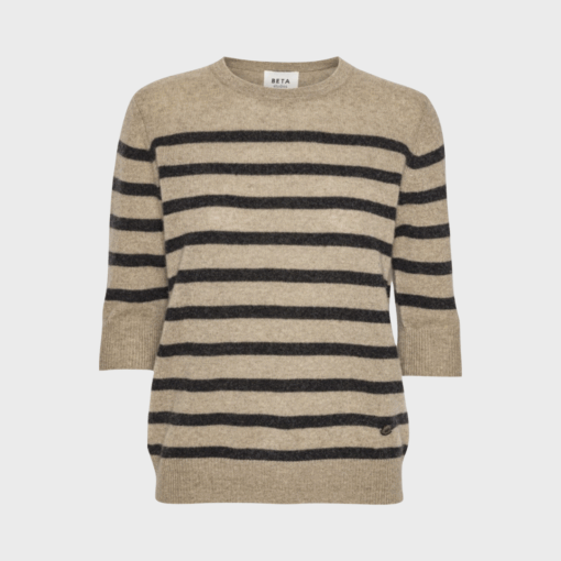 Bianca Lady Sleeve stribet cashmere sweater i oak brown og grey fra Beta Studios