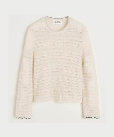 Ramon bluse i transparentblondemønster, rullekrave og muslingekanter – 100 % lama i Albicant, Aiayu