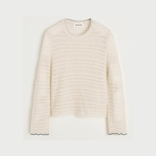 Ramon bluse i transparentblondemønster, rullekrave og muslingekanter – 100 % lama i Albicant, Aiayu