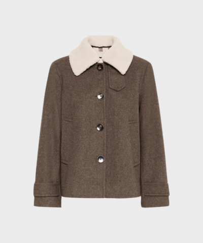 SylviaPW Casual Jakke – Dark Walnut Melange, med aftagelig shearling-krave