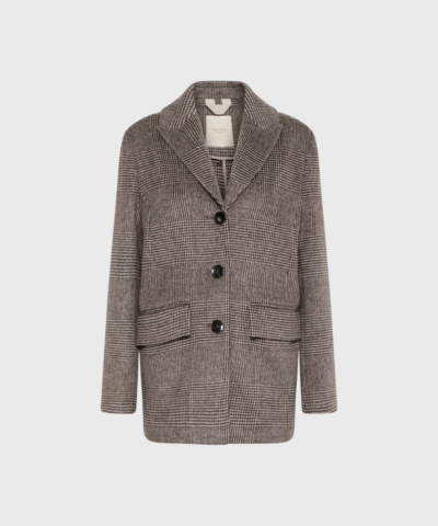Part Two SelinePW overtøj i ternet brown check med klassisk revers, knaplukning og frontlommer – elegant og tidløst design til kvinder.