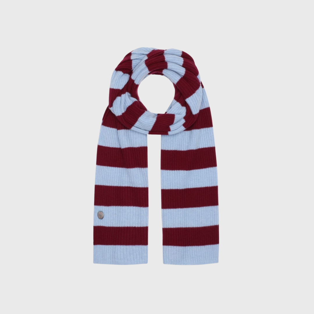 Beta Studios Madeleine Striped Scarf – luksuriøst cashmere tørklæde i blå og rød striber. Køb online hos Merci Give.