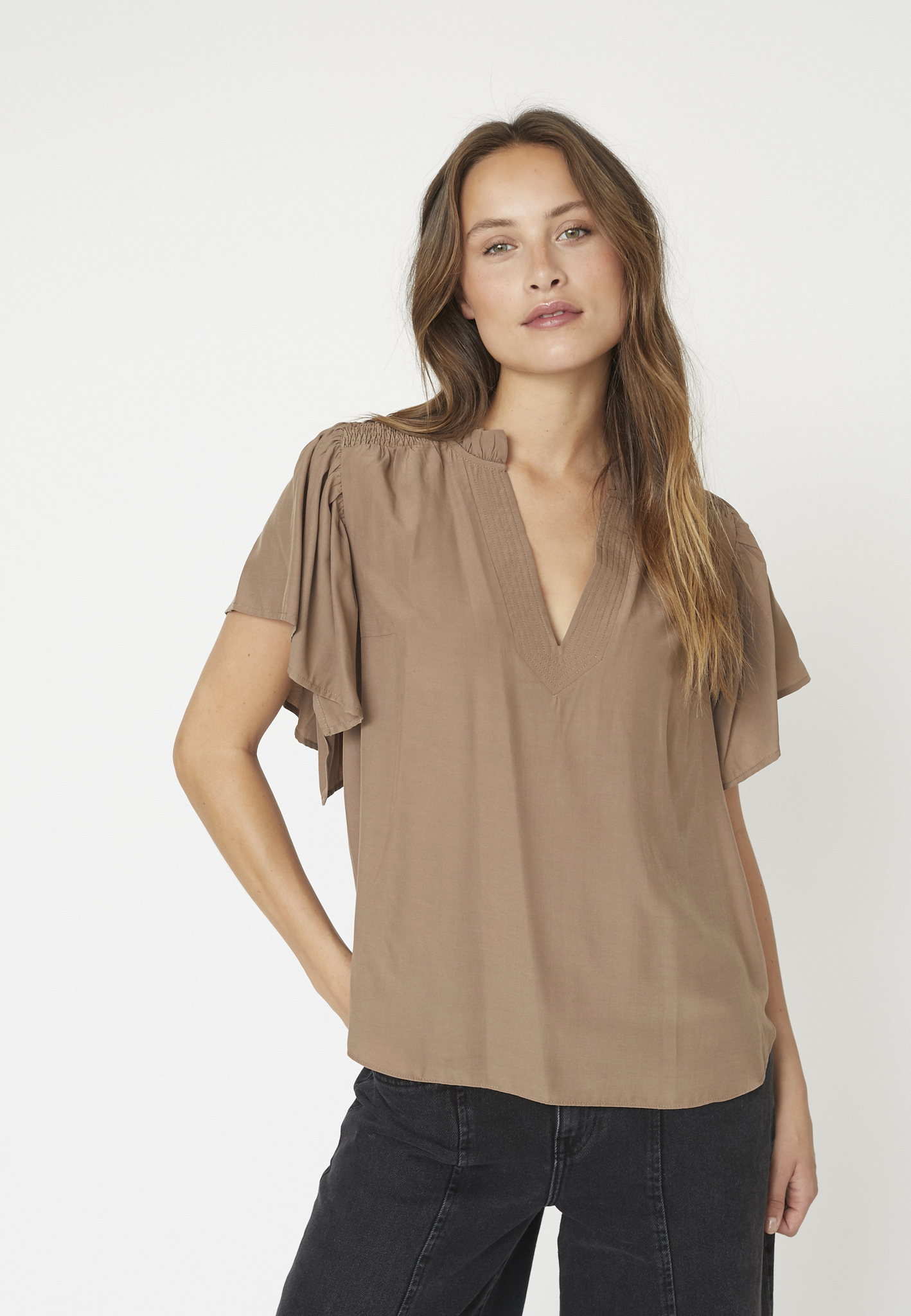 Co'Couture - ToraCC Frill V‑top – Walnut - Billede 2