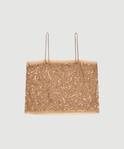 Nannali Top fra MUNTHE er en elegant stroptop i Old Brass med fine udsmykkede detaljer og let transparent udtryk. En feminin og festlig top, der kan styles både afslappet og elegant. Find MUNTHE Nannali Top hos Merci Give.
