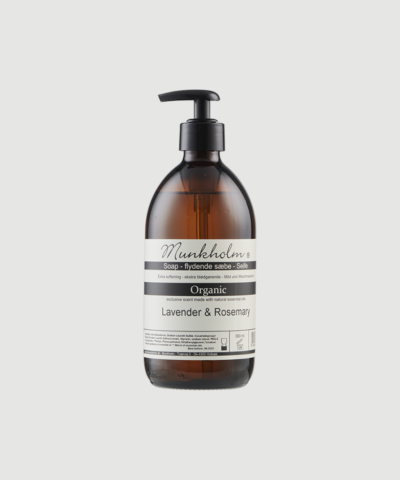 Flydende håndsæbe med lavendel og rosmarin i 500 ml. Mild og skånsom sæbe med aloe vera og glycerin, som renser hænderne effektivt og efterlader en frisk, urteagtig duft. Find Lavendel & Rosmarin håndsæbe hos Merci Give.