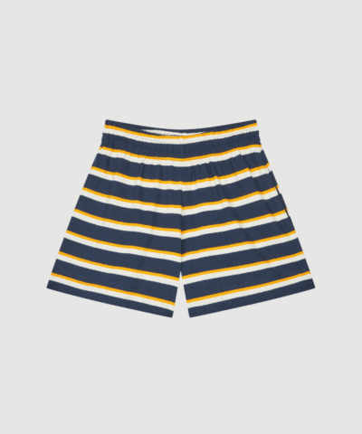 Pablo Kirsty Shorts fra Mads Nørgaard er stribede shorts i navy, hvid og orange. Komfortable bomuldsshorts med afslappet pasform – perfekte til sommer og hverdagsbrug.